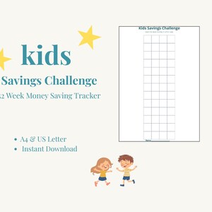 Puede incluir: Gráfico de color crema claro con el texto "kids Savings Challenge" y "52 Week Money Saving Tracker". Incluye una tabla de ahorro de 52 semanas e ilustraciones de niños. El texto también incluye "A4 & US Letter" y "Instant Download".