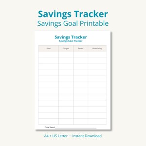 Puede incluir: Un rastreador de ahorro imprimible con un encabezado turquesa que dice "Savings Tracker Savings Goal Printable". La hoja blanca tiene columnas para Meta, Objetivo, Ahorrado y Restante. La parte inferior de la hoja tiene el texto "Total ahorrado."