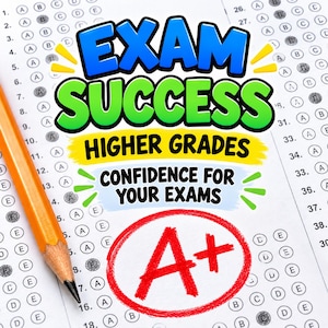 Puede incluir: Un lápiz amarillo sobre una hoja de respuestas de examen de opción múltiple con el texto EXAM SUCCESS HIGHER GRADES CONFIDENCE FOR YOUR EXAMS en azul, verde y negro, y una gran nota A+ escrita a mano en rojo dentro de un círculo.