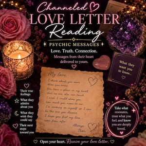 May include: An image promoting a love letter reading service. It features a lit candle, roses, crystals, and a handwritten letter with the text "My love." The text includes "Psychic Messages" and "Love. Truth. Connection."