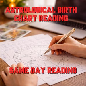 Könnte beinhalten: Ein Bild einer astrologischen Geburtshoroskop-Lesung. Eine Hand hält einen goldenen Stift und schreibt auf ein kreisförmiges Diagramm. Der Text "Astrological Birth Chart Reading" und "Same Day Reading" ist rot und fett gedruckt.