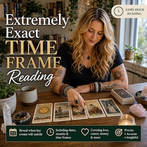 May include: A tarot card reading service advertisement featuring the text Extremely Exact TIME FRAME Reading and Same Hour Reading. The image displays five tarot cards laid out on a wooden table, including The Sun, Page of Cups, Wheel of Fortune, Strength, and The High Priestess, alongside a mug, crystals, and a deck of cards.
