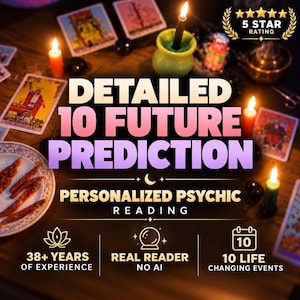 May include: A psychic reading service advertisement featuring the text DETAILED 10 FUTURE PREDICTION PERSONALIZED PSYCHIC READING, 38+ YEARS OF EXPERIENCE, REAL READER NO AI, and 10 LIFE CHANGING EVENTS, surrounded by tarot cards and lit candles.