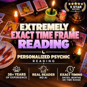May include: A digital graphic for a psychic service featuring the text EXTREMELY EXACT TIME FRAME READING and PERSONALIZED PSYCHIC READING. It includes icons for a lotus, crystal ball, and clock, with 38+ YEARS OF EXPERIENCE and REAL READER NO AI.