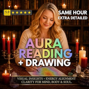 以下が含まれることがあります： オーラリーディングとドローイングを宣伝する画像。「AURA READING + DRAWING」というテキストと、「VISUAL INSIGHTS + ENERGY ALIGNMENT CLARITY FOR MIND, BODY & SOUL」という追加テキストが表示されています。女性、ろうそく、そして絵が描かれています。