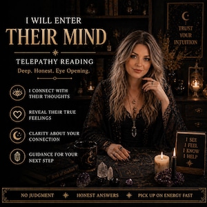 May include: An image advertising telepathy readings. The text states "I WILL ENTER THEIR MIND" and "TELEPATHY READING". The image shows a woman with long hair, wearing jewellery and a black lace top. Additional text includes "I SEE I FEEL I KNOW I HELP".