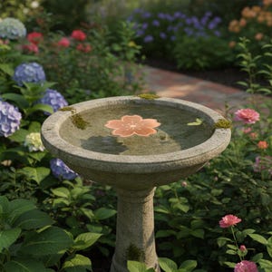 Puede incluir: Un bebedero de piedra desgastada lleno de agua, con una flor de color cobre flotando en la superficie. El bebedero est&aacute; rodeado de exuberante vegetaci&oacute;n, incluyendo hortensias y rosas, creando una escena de jard&iacute;n serena.