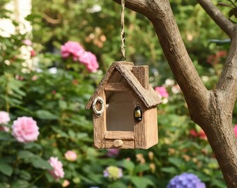 Rustic Wooden Bird Feeder Hanging House, Outdoor Garden Bird Feeder Decor, Farmhouse Style