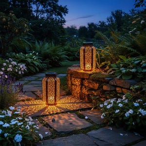 May include: Two decorative, solar-powered lanterns with intricate cut-out patterns illuminate a stone pathway in a garden. The lanterns cast a warm, inviting glow, enhancing the evening ambiance. The garden features lush greenery and flowering plants.