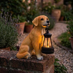 May include: A resin dog ornament in a golden hue, holding a black lantern. The dog is seated on a brick wall, with a garden backdrop. The lantern emits a warm, inviting glow, perfect for outdoor decor.