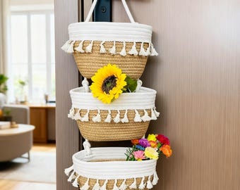 3 Tier Hanging Basket Boho Wall Storage Organizer Woven Cotton Baskets
