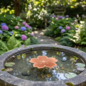 Puede incluir: Adorno flotante en forma de flor de color cobre en un estanque de piedra. El adorno tiene un dise&ntilde;o detallado y est&aacute; rodeado de agua, peque&ntilde;as rocas y nen&uacute;fares. El fondo presenta un exuberante jard&iacute;n con un sendero y flores coloridas.
