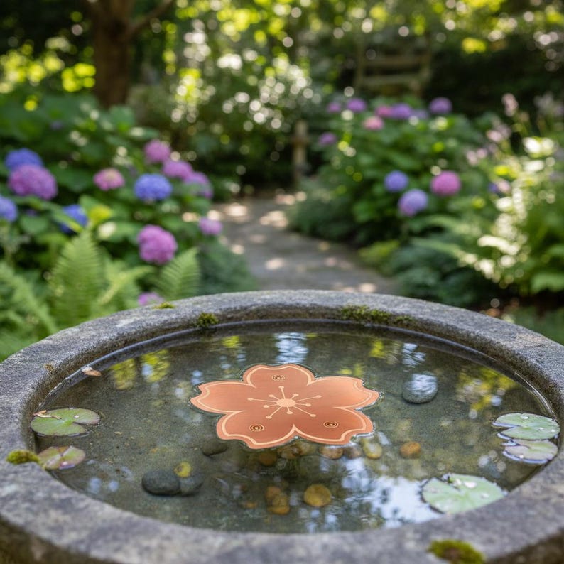 Puede incluir: Adorno flotante en forma de flor de color cobre en un estanque de piedra. El adorno tiene un dise&ntilde;o detallado y est&aacute; rodeado de agua, peque&ntilde;as rocas y nen&uacute;fares. El fondo presenta un exuberante jard&iacute;n con un sendero y flores coloridas.