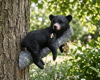 Black Bear Cub Resin Garden Statue Tree Branch Outdoor Decor