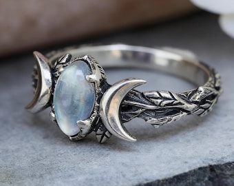 Maansteen maansikkel, vintage boho zilveren band