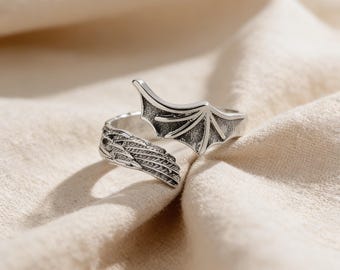 Anillo de alas de ángel y demonio, anillo gótico ajustable, anillo de ángel diablo punk, joyería gótica unisex