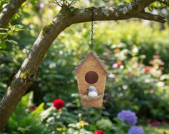Hanging Resin Bird House Decor, Wooden Birdhouse Ornament, Garden Bird Nest, Outdoor Yard Hanging Decor