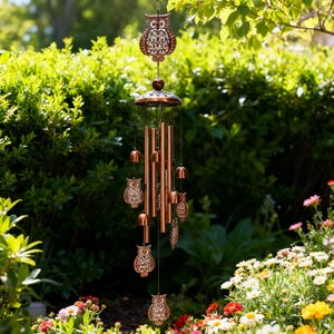 May include: A copper-colored wind chime featuring owl-shaped ornaments and bells. The wind chime has a decorative owl at the top and bottom, with several cylindrical chimes and smaller bells hanging below. The background shows a garden with green foliage and colorful flowers.