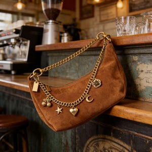 Op de afbeelding: Een bruine suède schoudertas met een gouden ketting en decoratieve bedels. De bedels zijn onder andere een kers, ster, hart, bloem en maan. De tas wordt getoond op een houten oppervlak.