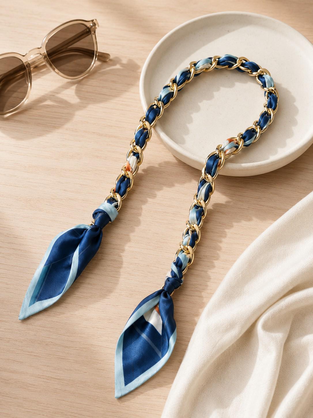 Blue Scarf Bag Chain Strap, 60 cm Purse Handle Replacement, Gold Chain Ribbon Strap, Short Shoulder Handle, Handbag Charm Decor for Tote Bag