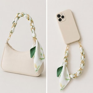 Green Botanical Scarf Purse Chain Strap, Lemon Leaf Gold Bag Charm, 30cm Short Handbag Handle, Phone Wrist Strap, Cottagecore Gift for Her