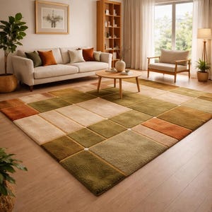 Modern Patchwork Rug, Olive Green Area Rug, Hand Tufted Geometric Carpet, Boho Living Room Rug, Mid Century Modern Rug, Neutral Earth Tone