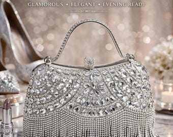 Luxury Bridal Crystal Embellished Clutch | Silver Statement Evening Bag with Chain Strap.