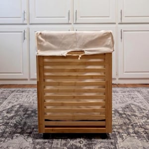 Bamboo Clothes Laundry Basket with Wheels & Removable Liner, Laundry Organizer, Laundry Hamper, Laundry Cabinet, Big Laundry Basket