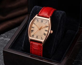 Reloj de cuarzo para mujer, estilo retro, forma de barril, correa de cuero, estilo sencillo, ideal para estudiantes y uso diario.