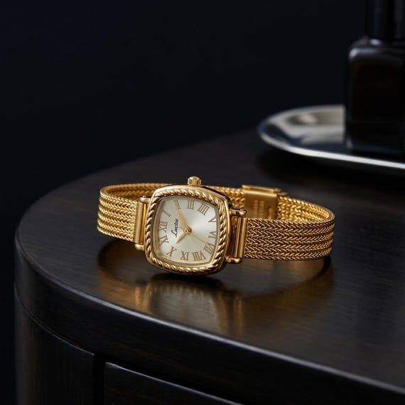 French Vintage Gold Dial Women's Quartz Watch with Copper Band – Elegant Fashion Wristwatch