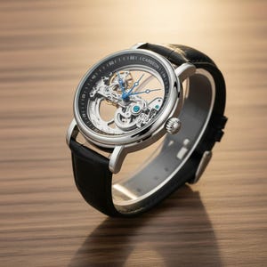 Könnte beinhalten: Eine silberfarbene Skelettuhr mit schwarzem Lederarmband. Das Zifferblatt ist transparent und zeigt das komplizierte Innenleben. Blaue Zeiger und Markierungen setzen Akzente. Die Uhr wird auf einem schwarzen Ständer präsentiert.