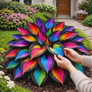 May include: A vibrant plant with large, heart-shaped leaves in a rainbow of colors, including red, orange, yellow, green, blue, and purple. The plant is surrounded by mulch and small rocks, with a house and garden in the background.