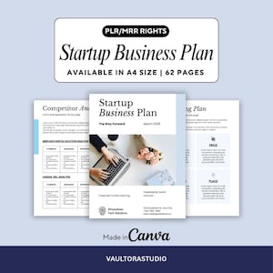 以下が含まれることがあります： 「Startup Business Plan」というタイトルのデジタルビジネスプランテンプレート。テキストは「AVAILABLE IN A4 SIZE | 62 PAGES」です。デザインには、水色と白の要素が含まれており、下部にはCanvaのロゴがあります。プランには分析セクションが含まれています。