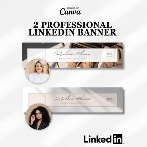 Op de afbeelding: Twee professionele LinkedIn banner templates ontworpen in Canva. Elke banner heeft een neutrale kleurstelling met de naam "Caroline Alexis" en de tekst "Content Marketing Specialist". Het LinkedIn logo is zichtbaar.