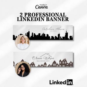 May include: Two professional LinkedIn banner templates. The top banner features a black skyline silhouette with the name "Caroline Alexis" and "Real Estate." The bottom banner shows a house silhouette with the name "Olivia Wilson, Real Estate Agent."