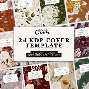 May include: A collection of notebooks with floral designs in various colors, including white, red, and green. The notebooks are labeled "NOTEBOOK" and "my thoughts and ideas". The image also displays the text "24 KDP COVER TEMPLATE" and "FREE 120 NOTEBOOK INTERIOR PAGES INLCUDED".