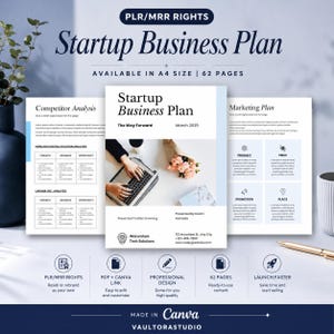 Puede incluir: Una plantilla de plan de negocios titulada "Startup Business Plan" con el texto "Disponible en tamaño A4 | 62 páginas". El diseño incluye secciones para el análisis de la competencia y planes de marketing. La plantilla de Canva está lista para usar y es fácil de editar.
