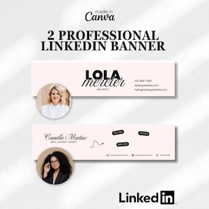 Puede incluir: Dos plantillas de banner de LinkedIn profesionales. El banner superior presenta "LOLA mercier, ARQUITECTO" con información de contacto. El banner inferior muestra "Camilla Martine, AGENTE INMOBILIARIO" con etiquetas "VENTA, COMPRA, ALQUILER". Los logotipos de Canva y LinkedIn también son visibles.