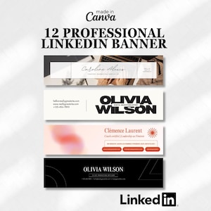 Puede incluir: Gráfico promocional para 12 banners profesionales de LinkedIn, creados en Canva. El diseño presenta ejemplos con nombres, títulos e información de contacto. El logotipo de LinkedIn es visible en la parte inferior.