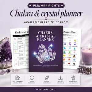 Chakraplanerare, chakrajournal, kristallplanerare, andlig arbetsbok, redigerbar PLR Canva-mall, energihelande journal, självvårdsplanerare