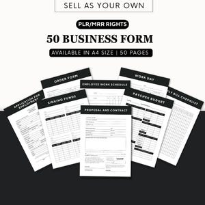 May include: A set of 50 business forms, including order forms, employee work schedules, and proposal and contract templates. The forms are available in A4 size and are designed for various business needs. The text "SELL AS YOUR OWN" and "PLR/MRR RIGHTS" are also visible.