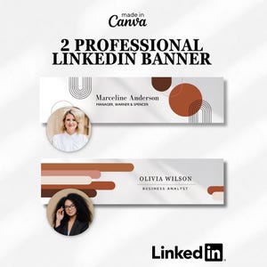 Puede incluir: Dos plantillas de banner de LinkedIn profesionales con una paleta de colores neutros. Cada banner incluye una foto de perfil, nombre y cargo. También se ven el logotipo de Canva y el logotipo de LinkedIn.