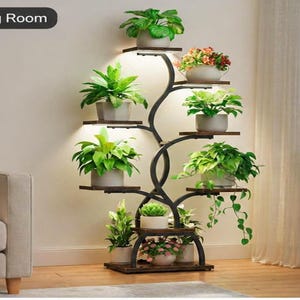 May include: A tall, dark metal plant stand with multiple wooden shelves, each holding potted plants. The stand has a curved design and built-in lights. The text "Living Room" is in the upper left corner. The plants have green foliage.