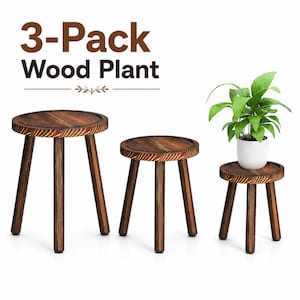 3 Pack Wood Plant Stands Indoor, Mid Century Modern Plant Stool Set for 6-12 Inch Pots, Tall Stand for Large Plants