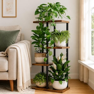 4 Tier Indoor Plant Stand, Corner Plant Shelf for Multiple Plants, Metal Plant Rack, Wooden Flower Pot Stand, Living Room, Bedroom, Balcony,