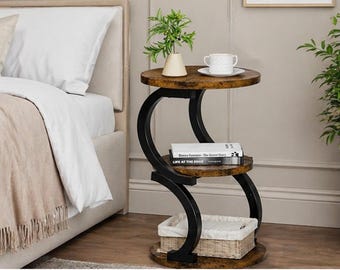 S-Shaped 3-Tier Round Side Table, Rustic Brown Wood Metal Nightstand