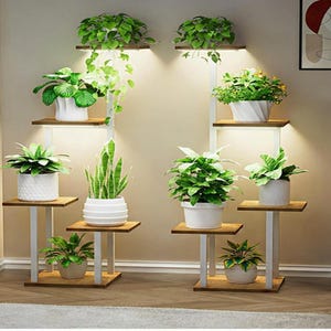 5-Tier Indoor Plant Stand with Grow Lights – 2 Pack Metal Wood Shelf Set
