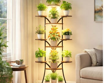 63" V-Shape Plant Stand with Grow Lights, Multi-Tier Black Metal Corner Shelf