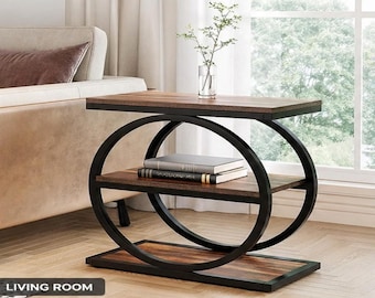 3-Tier End Table, Rustic Brown Black Nightstand, Tall Sofa Table for Living Room