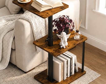 Adjustable C Shaped End Table with Storage Shelf, 360 Swivel Sofa Side Table, Rustic Brown Nightstand, TV Tray for Couch, Small Space Table
